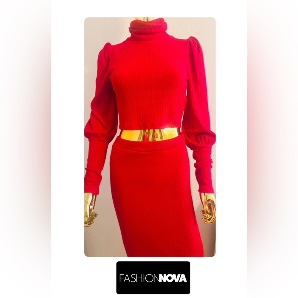 3 PC Red Midi Skirt Set, Sunset Floral Shirt and Turtleneck, Size M,